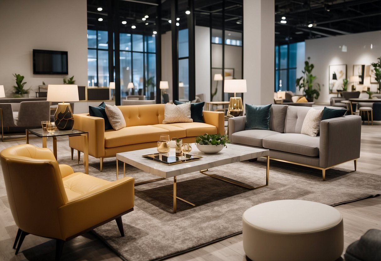 A spacious showroom displays sleek, modern furniture pieces in various styles and colors. Bright lighting accentuates the clean lines and elegant designs