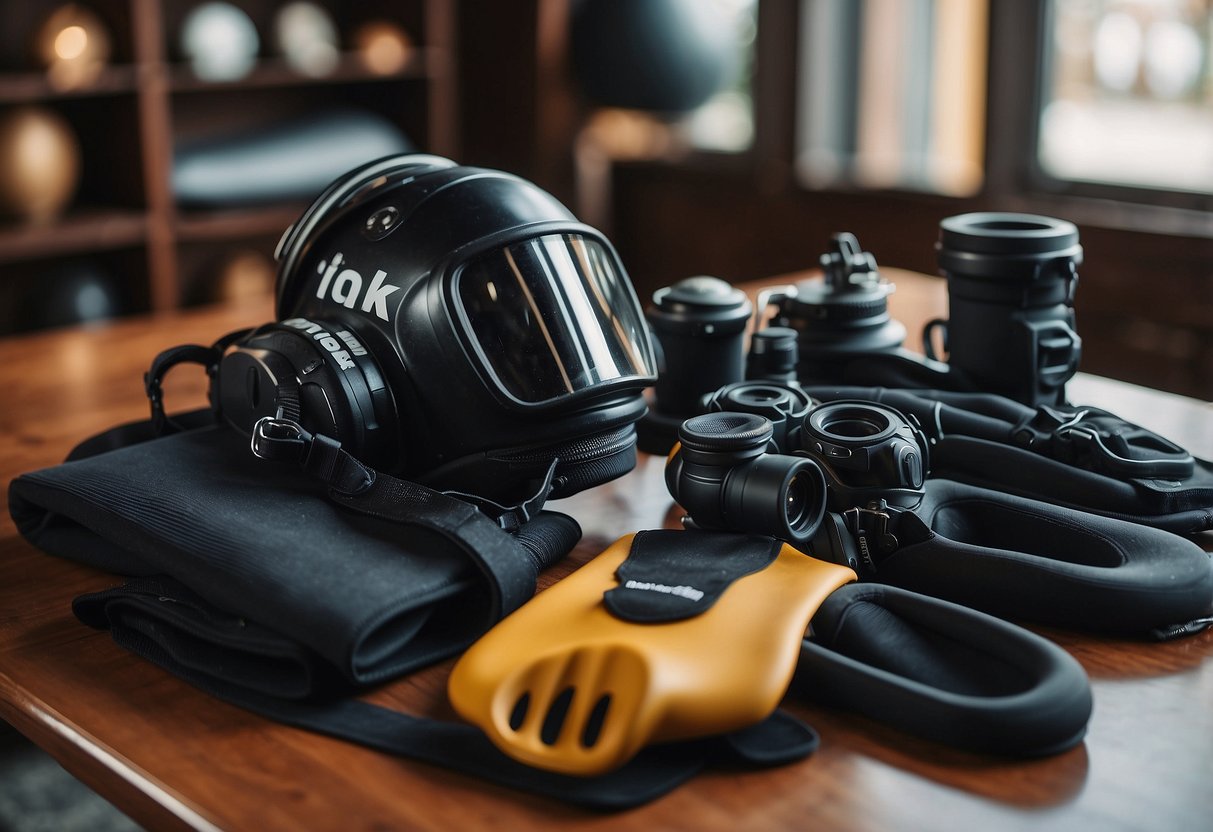 A table with neatly organized diving gear, including a wetsuit, fins, mask, and oxygen tank. A checklist and maintenance tools are nearby