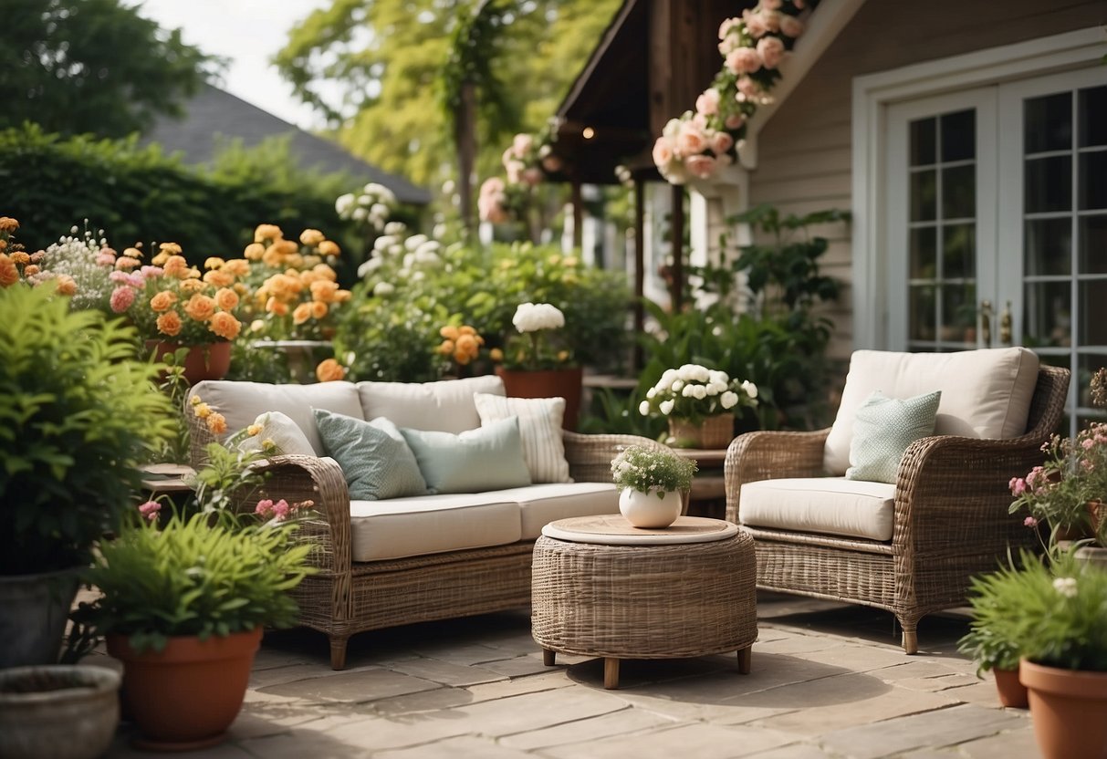 A cozy outdoor patio with comfortable furniture, surrounded by lush greenery and blooming flowers, creating a peaceful and inviting atmosphere