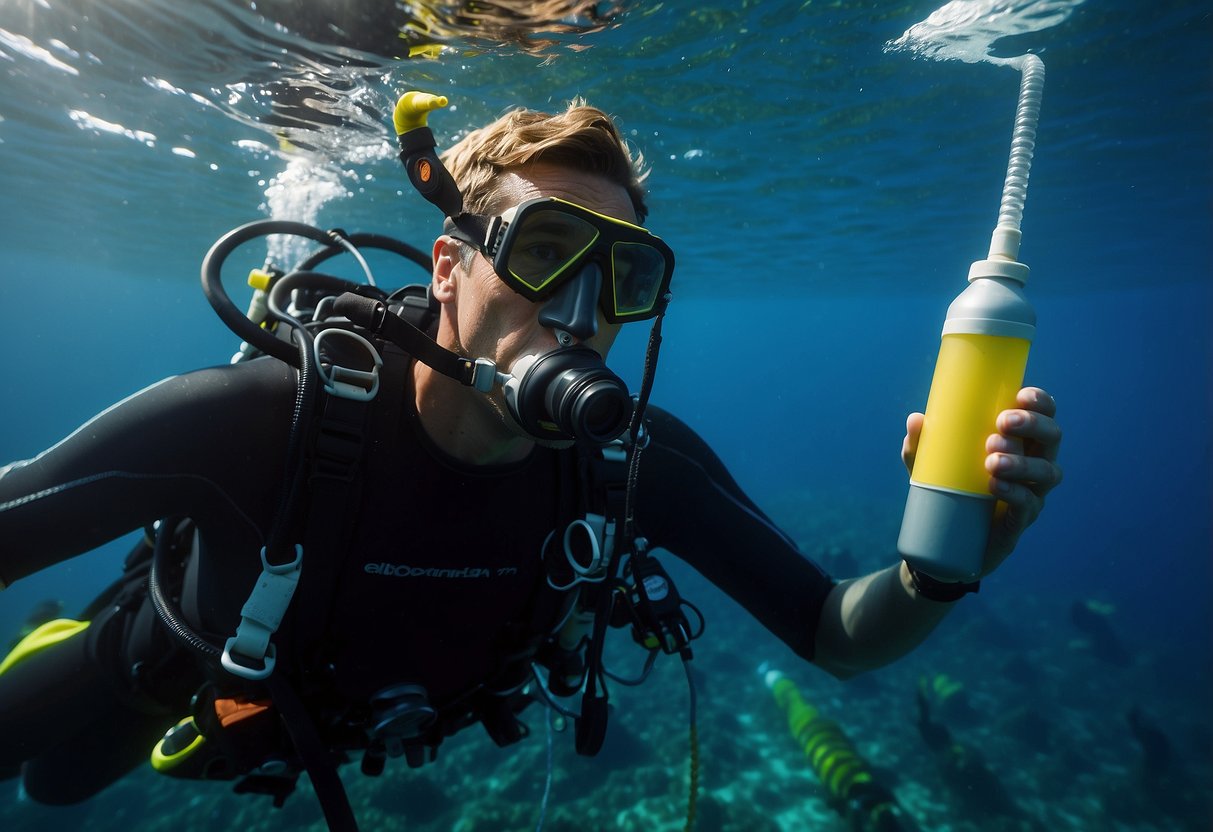 A diver checks their oxygen tank, reviews a safety checklist, and practices emergency hand signals with a buddy before descending into the clear blue ocean