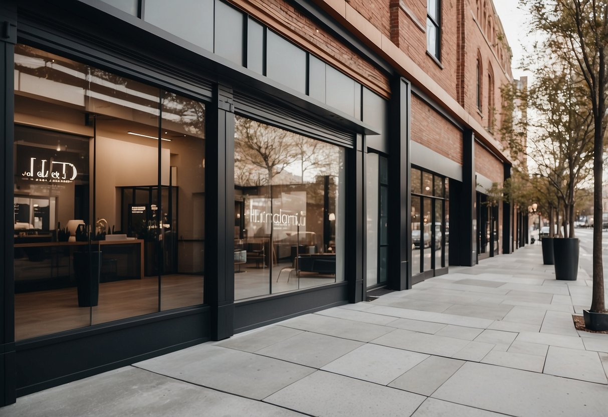 A modern, minimalist storefront with sleek signage and large windows. Clean lines and neutral colors convey a sense of sophistication and quality