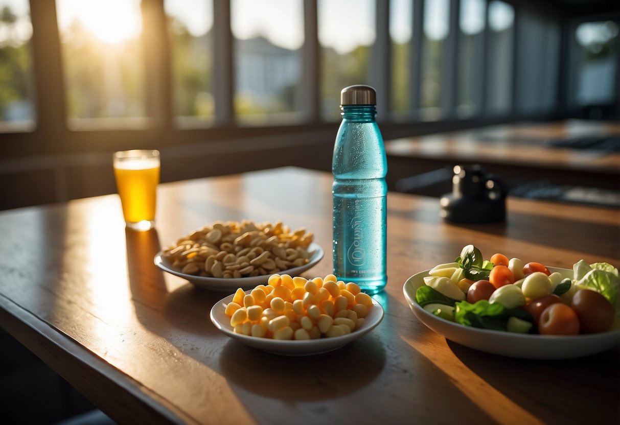 A water bottle and healthy snacks sit on a table next to a diving gear. The sun shines through a window, casting a warm glow on the items