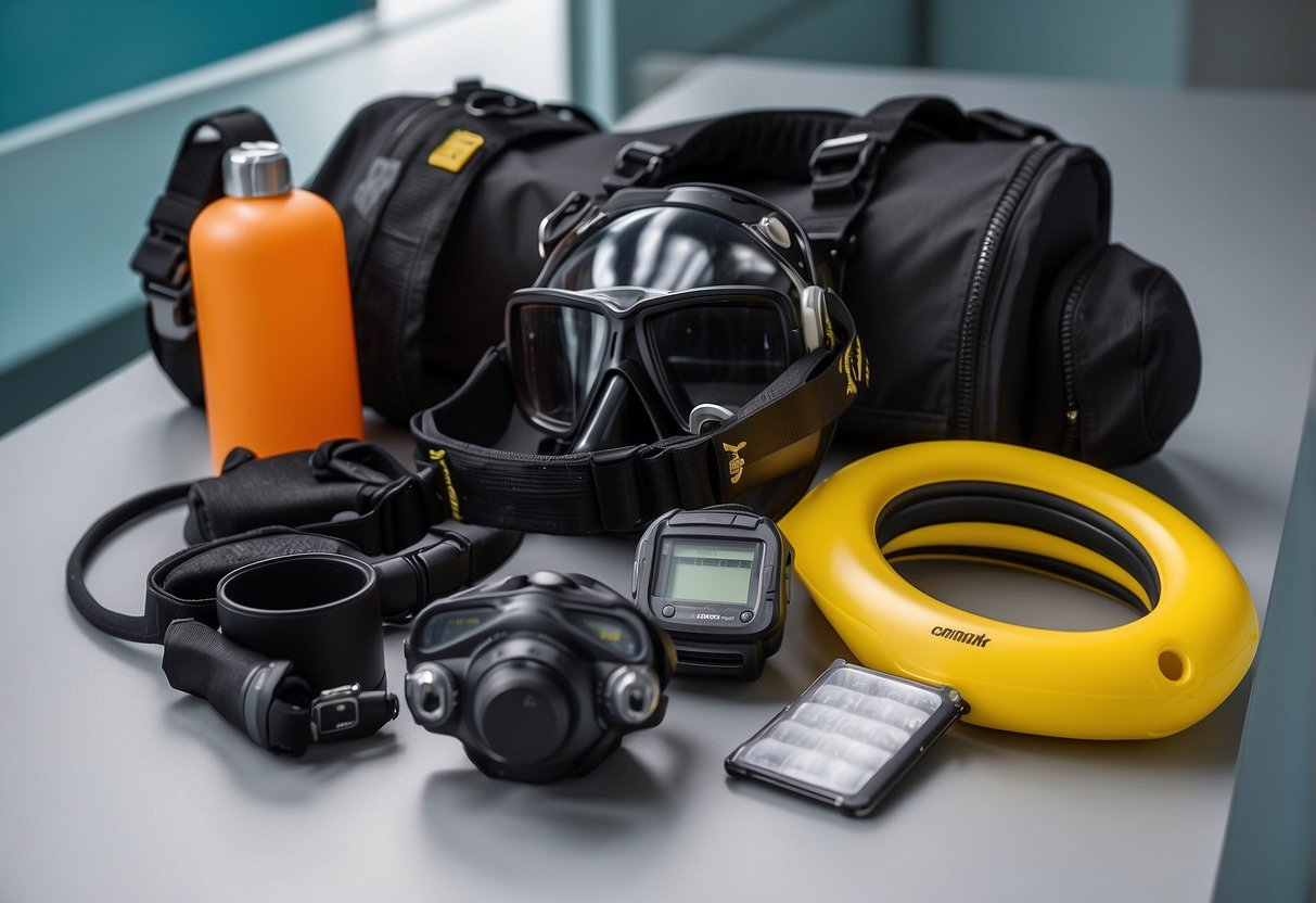 Diving gear laid out on a clean, organized surface. Safety checklist pinned to a wall. Training manuals and equipment neatly stored