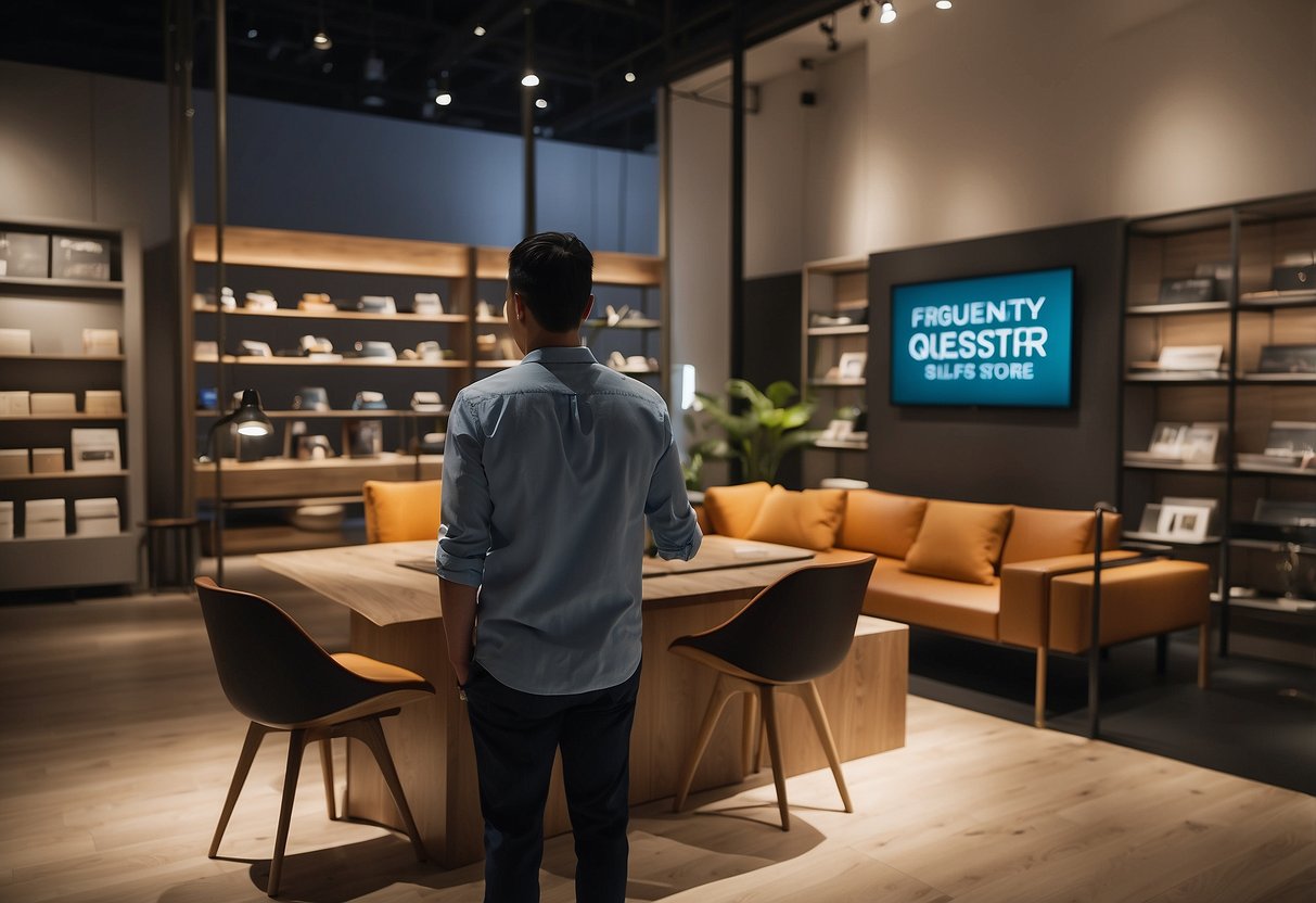 A customer browsing through a display of modern furniture at a Sliff store in Singapore, with a sign reading "Frequently Asked Questions" in the background