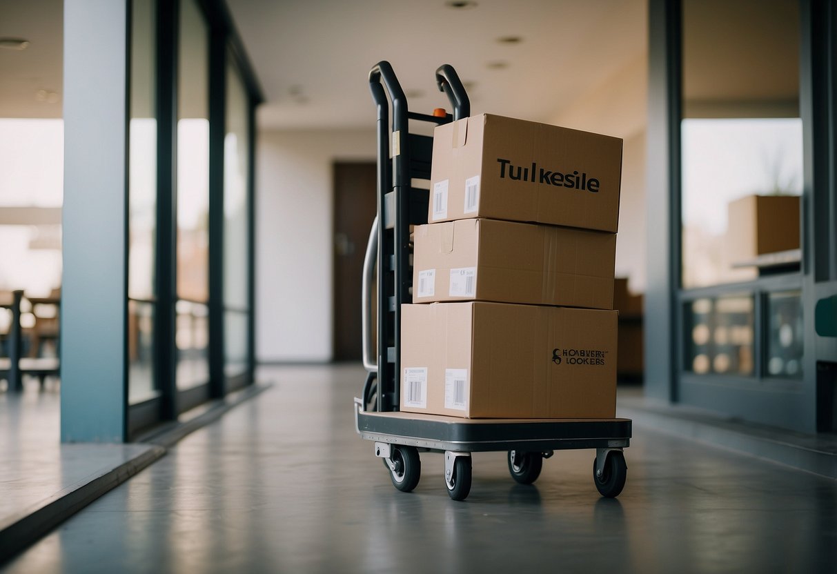 A hand truck loaded with furniture being maneuvered through a doorway