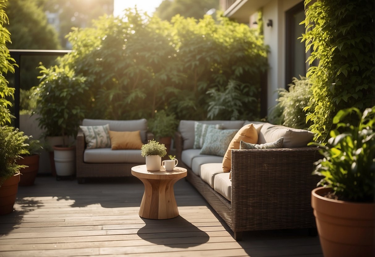 A cozy outdoor patio with a variety of comfortable seating options, surrounded by lush greenery and bathed in warm sunlight