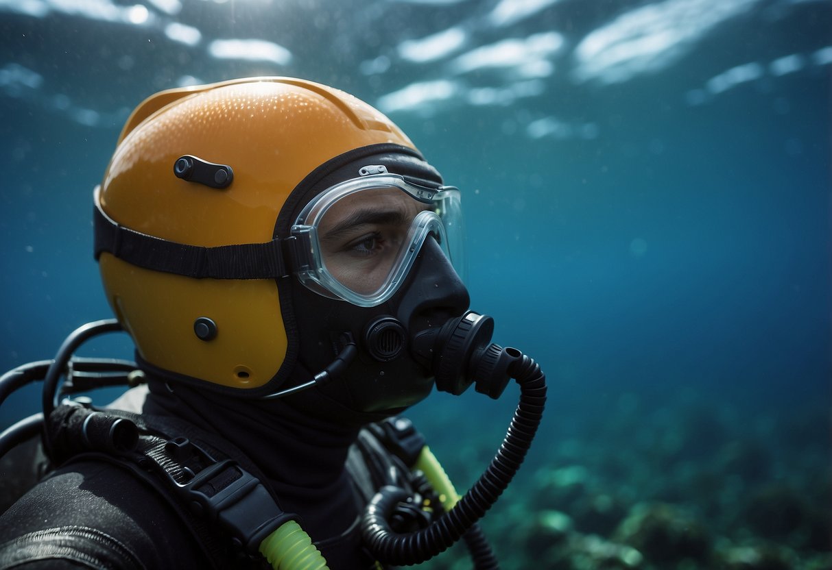 A diver struggles to breathe at high altitude. They hold their head, feeling dizzy and nauseous. Others offer water and support