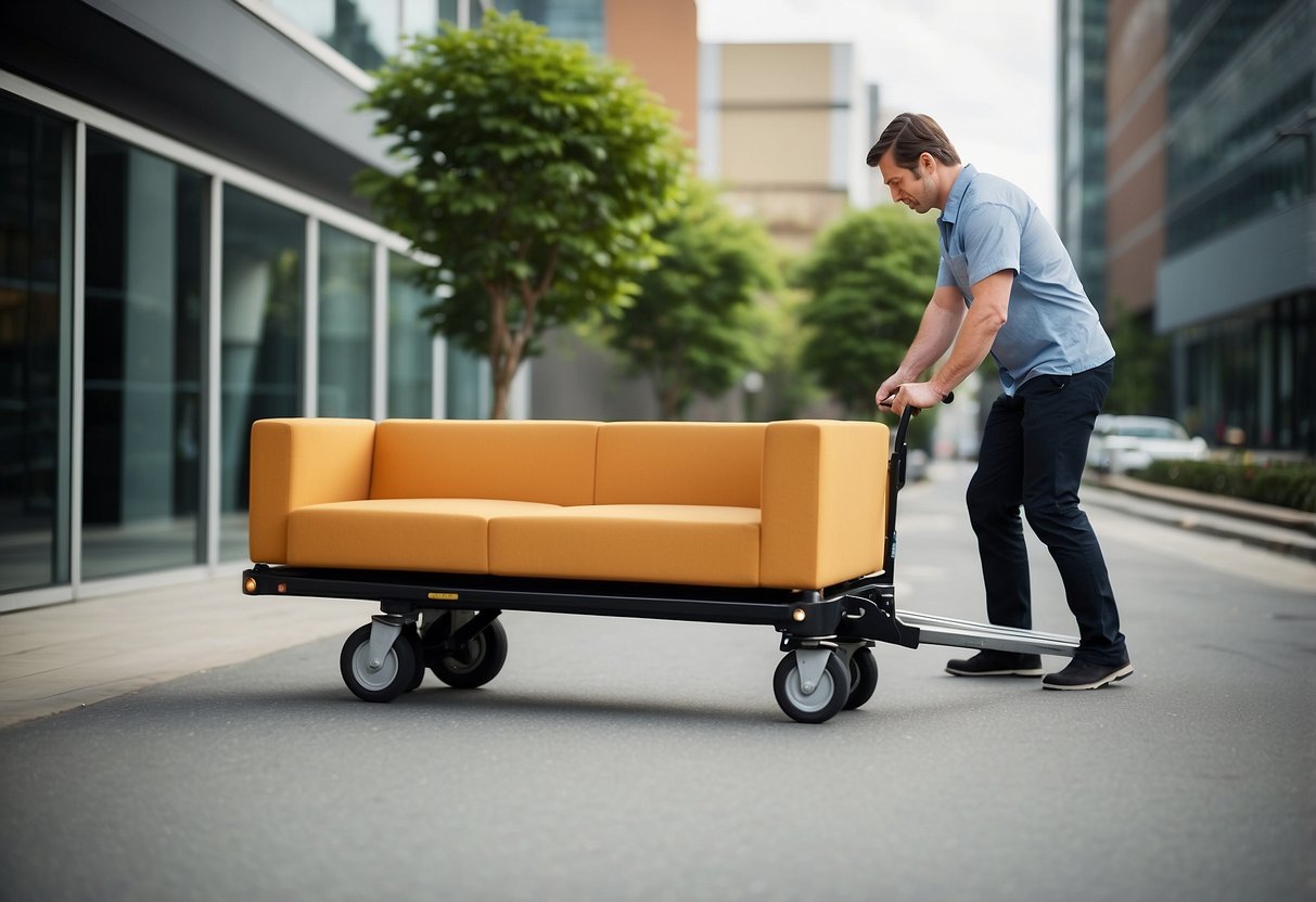 A furniture hand truck is shown lifting a heavy couch with ease. The sturdy wheels and adjustable handle make transporting furniture effortless