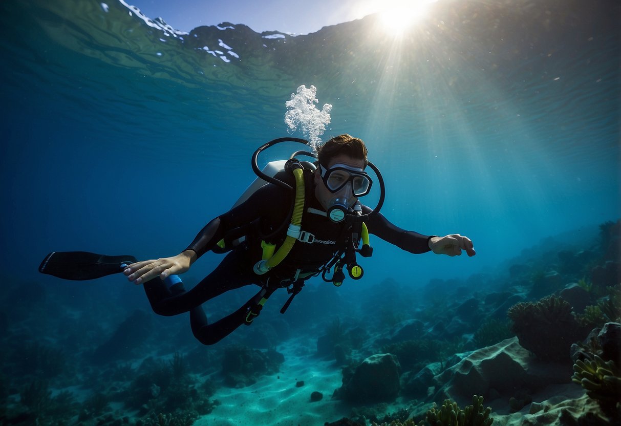 A diver breathes oxygen-enriched air at high altitude. Tips for altitude sickness surround them