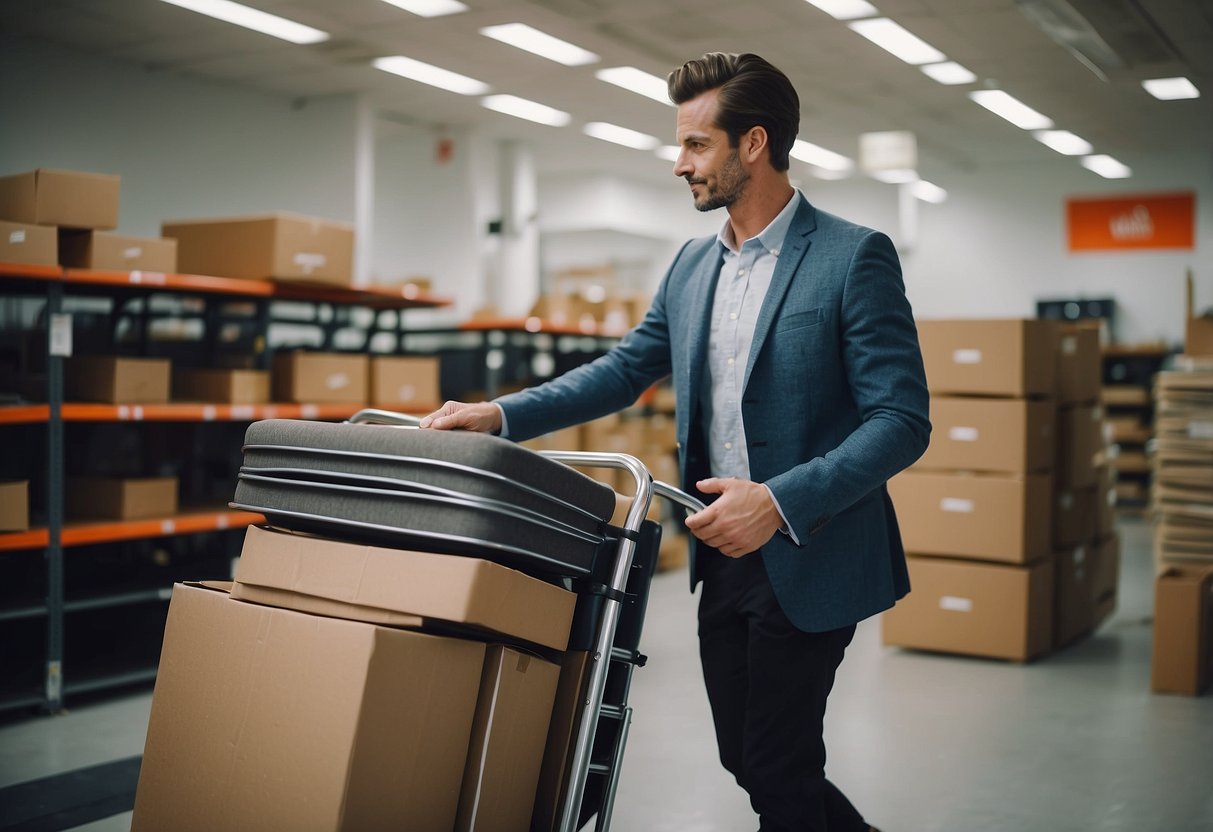 A customer buys a furniture hand truck from a salesperson