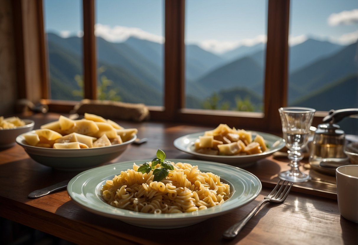 A table set with pasta, rice, and bread. Diver's gear in the background. Mountainous landscape visible through a window