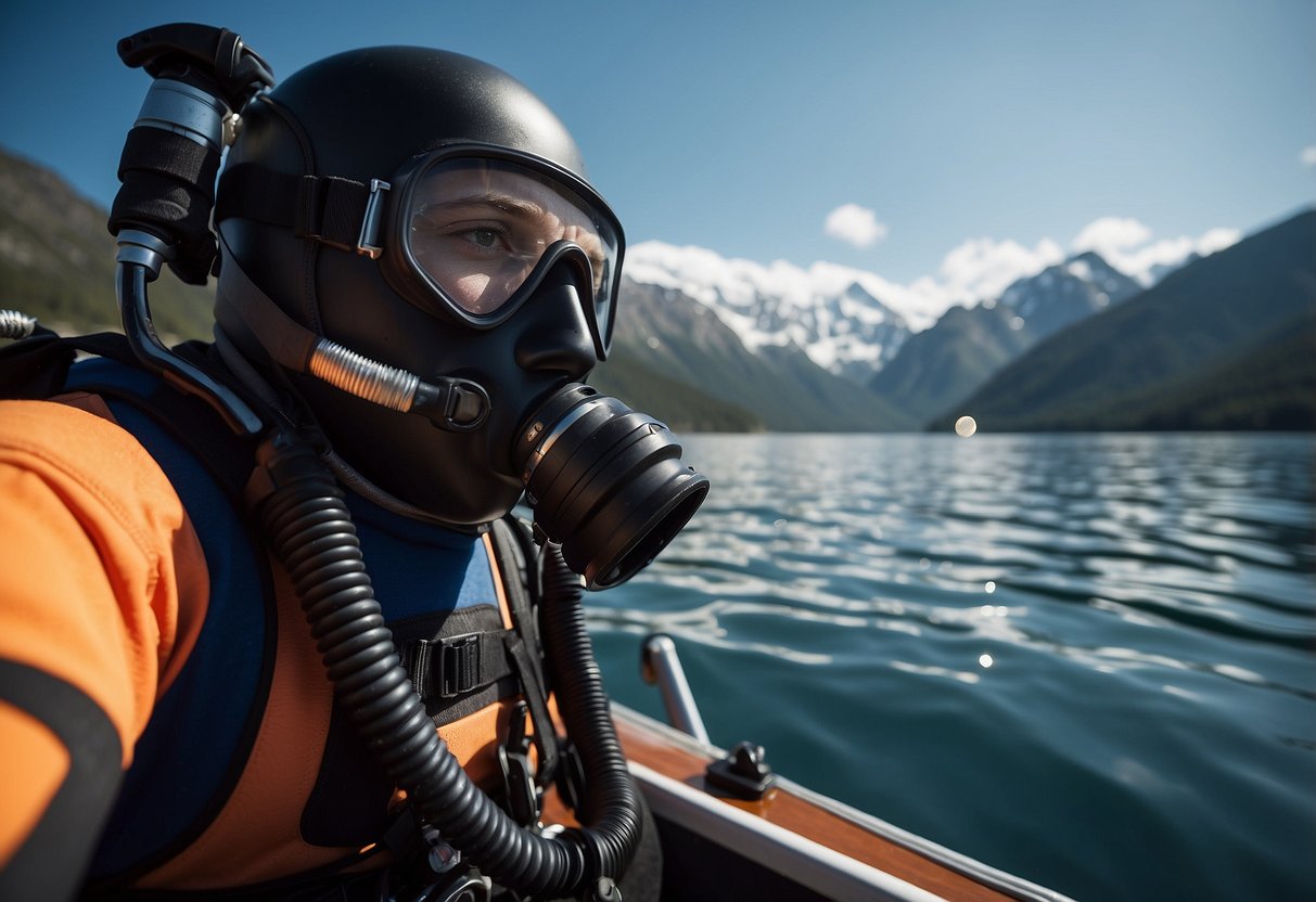 A diver sits on a boat, surrounded by calm waters and towering mountains. They hold their head, showing signs of altitude sickness. Oxygen tanks and diving gear are scattered around