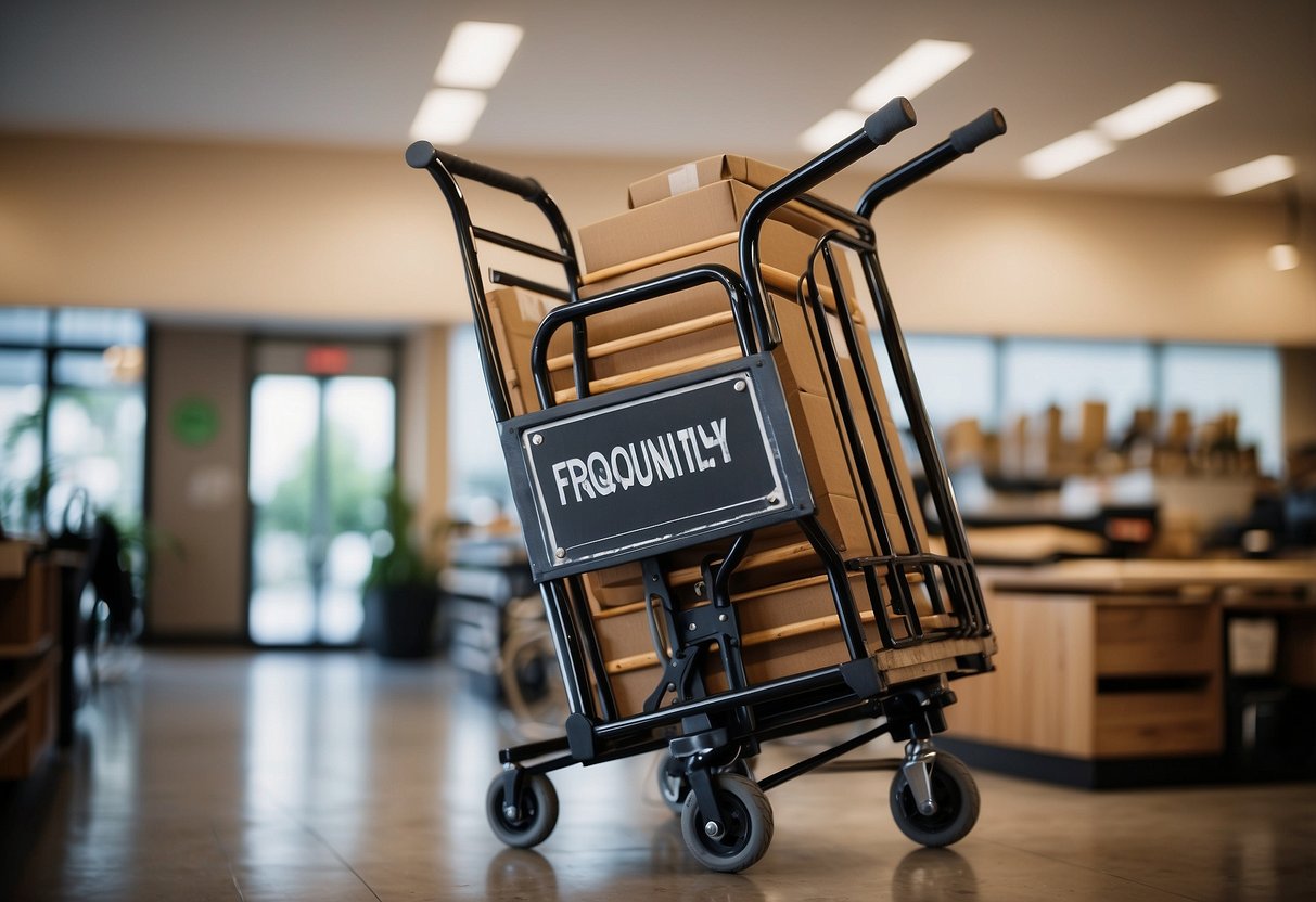 A hand truck loaded with furniture stands in front of a sign labeled "Frequently Asked Questions."