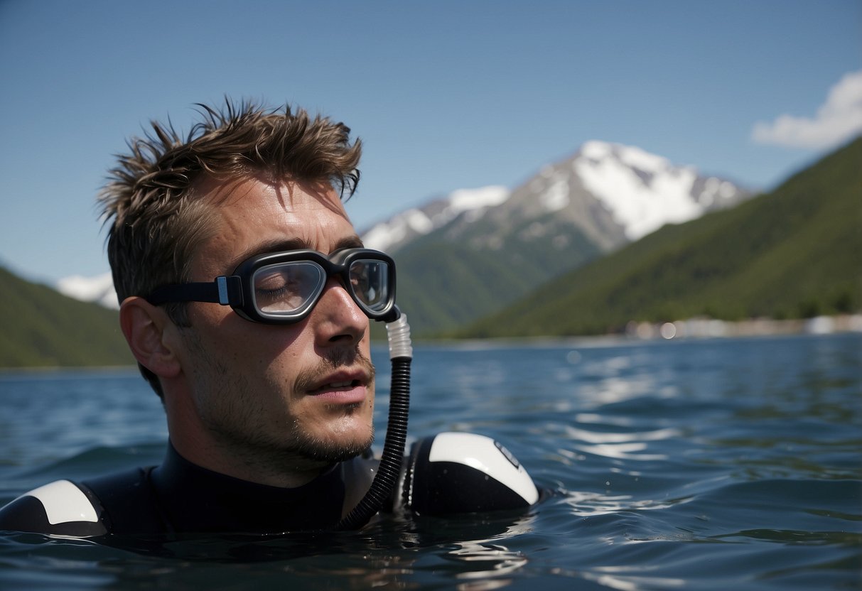 A diver struggles with dizziness and nausea at high altitude. Others offer water and support while the diver takes slow, deep breaths to alleviate symptoms