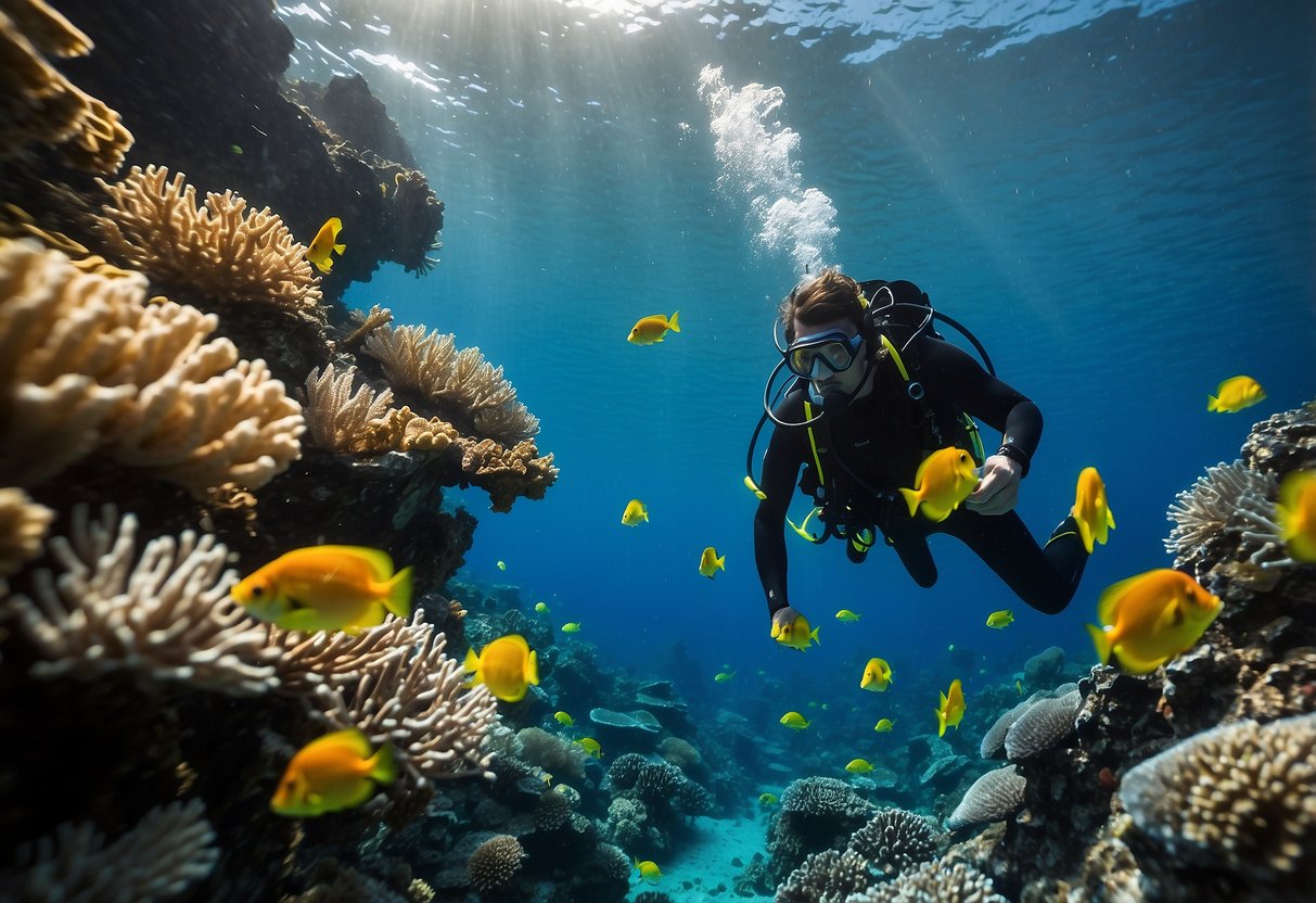 A diver wearing lightweight rain gear, descending into clear blue water with coral reefs and colorful fish below