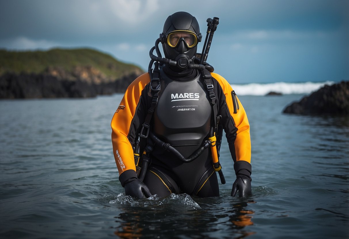 A diver wearing Mares Pure Instinct Spearfishing Jacket in the ocean, surrounded by lightweight rain gear for diving