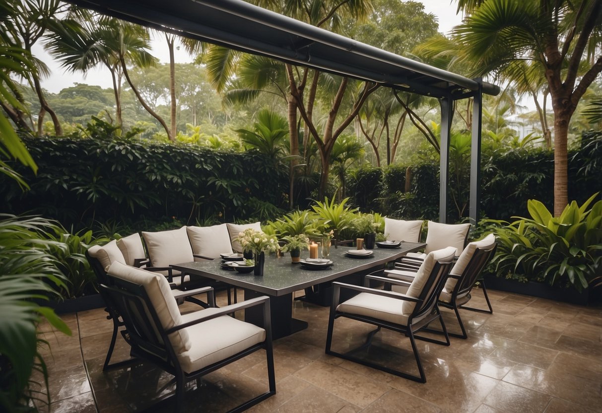 A patio set covered with a waterproof, UV-resistant cover in a lush garden setting in Singapore