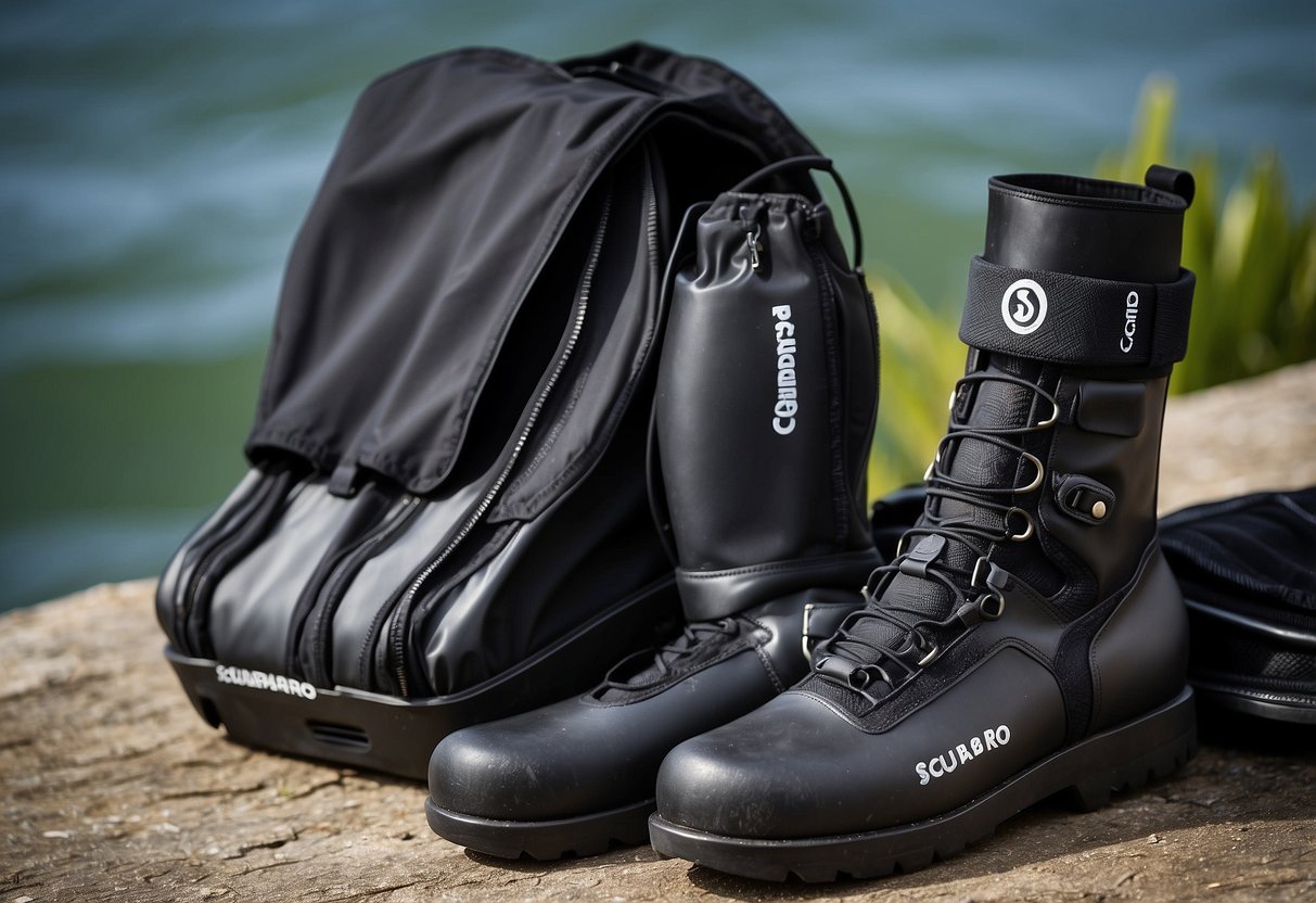 A pair of Scubapro Sport 3mm Dive Boots placed next to 5 lightweight rain gear items for diving