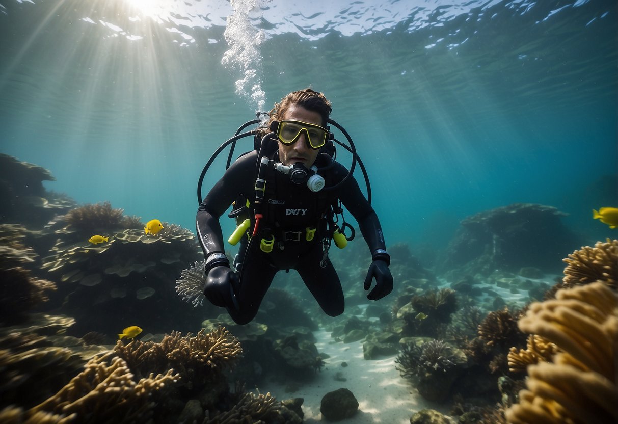 A diver in lightweight rain gear descends into clear water, surrounded by vibrant marine life. The gear keeps them dry and agile as they explore the ocean depths