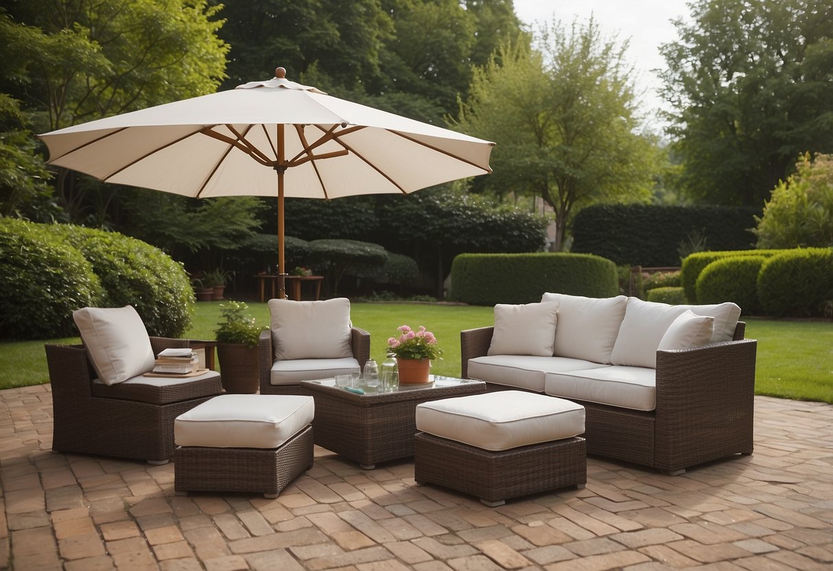 A patio with a set of outdoor furniture covered with durable, weather-resistant covers. The covers are snugly fitted and protect the furniture from rain and sun damage