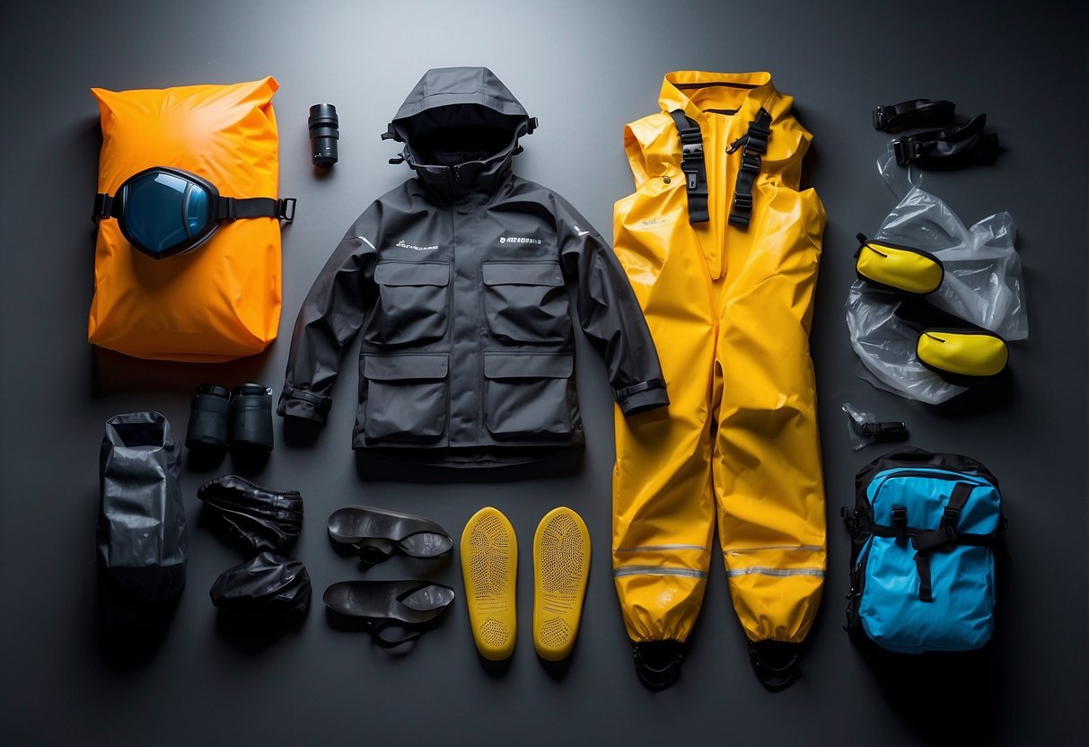 Rain gear spread out on a clean, dry surface. A diving mask, fins, and lightweight waterproof jacket and pants neatly arranged for maintenance