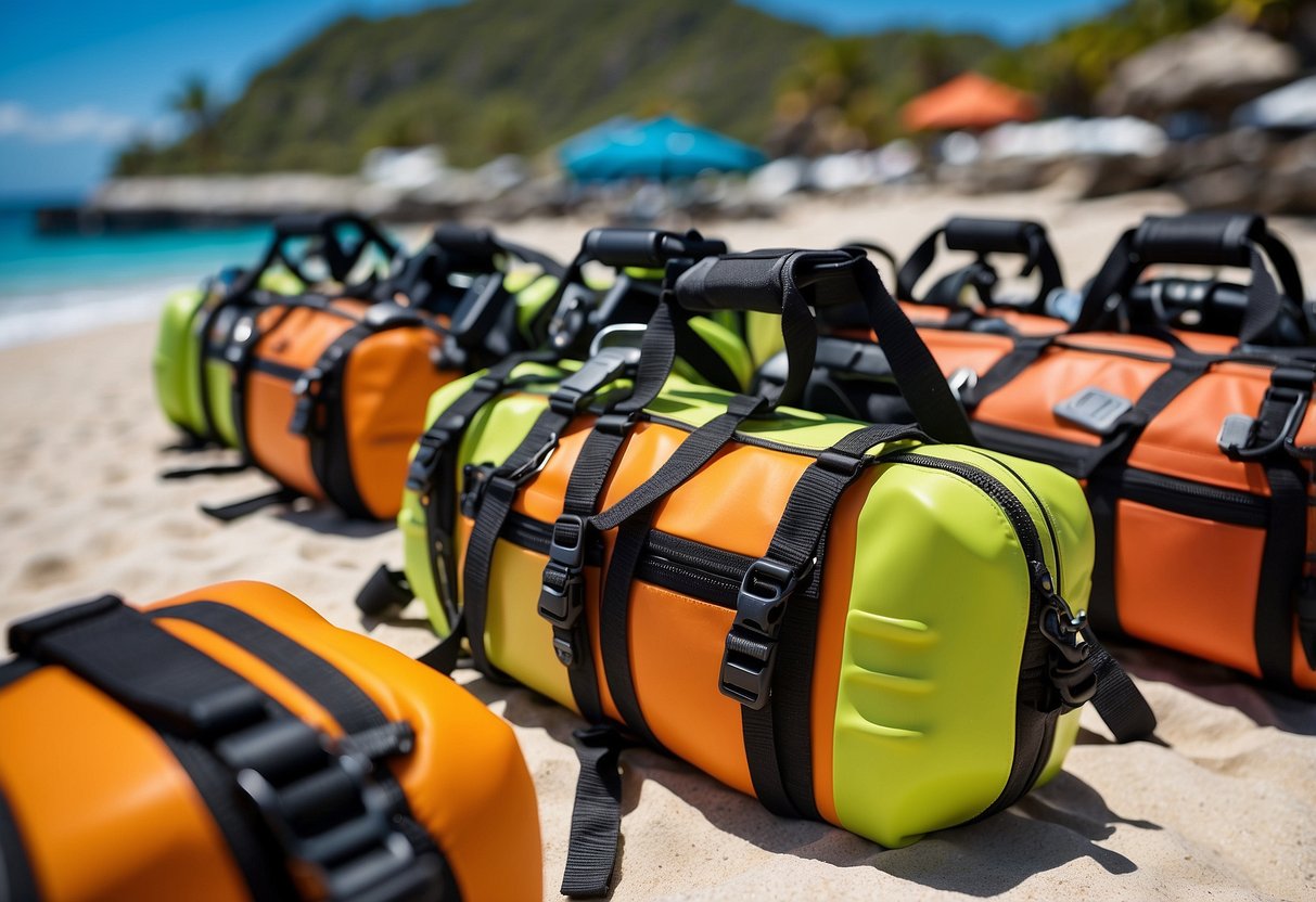 A colorful array of compact diving packs arranged neatly on a sandy beach, with crystal-clear water and a vibrant coral reef in the background