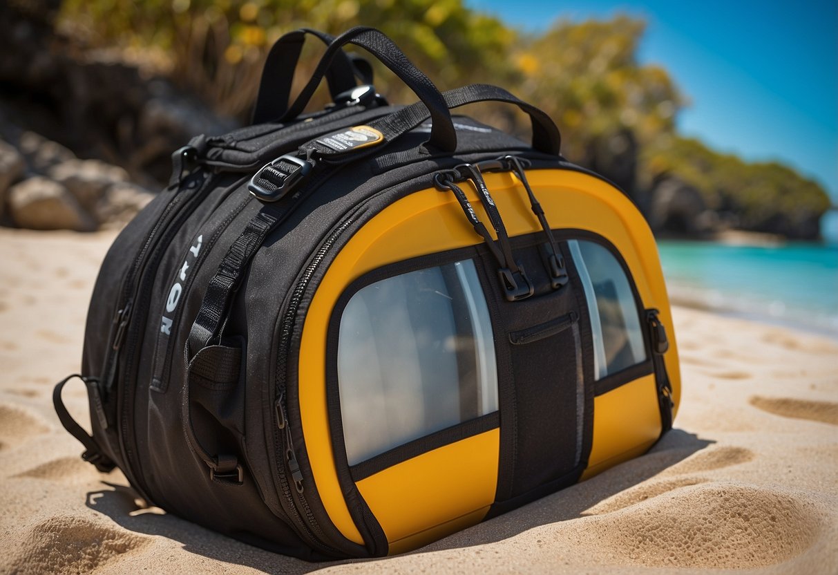 A colorful Cressi Sub-Backpack 10, with adjustable straps, pockets, and a sleek, lightweight design, rests on a sandy ocean floor surrounded by vibrant coral and marine life