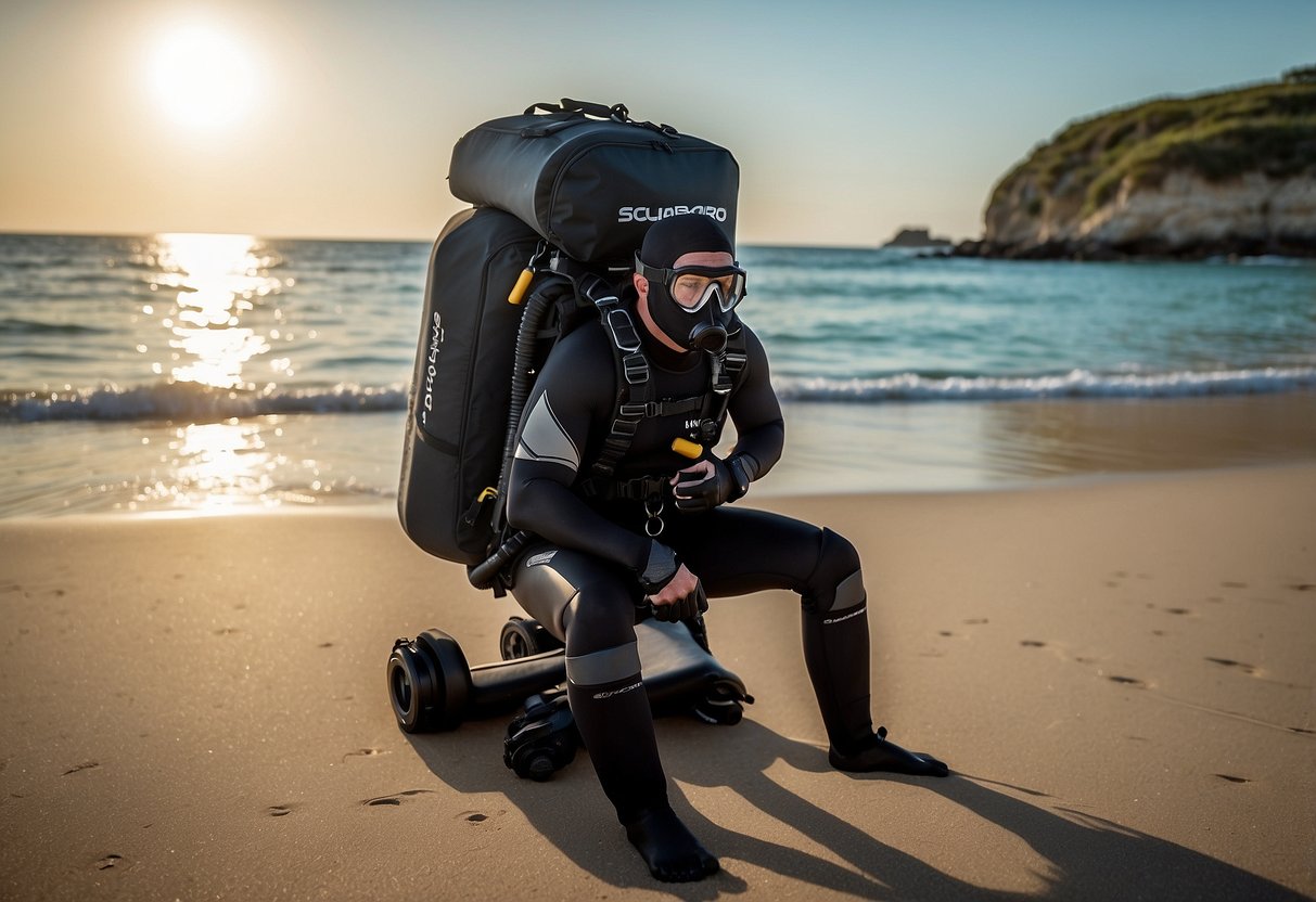 A diver stands on a sandy beach, with crystal clear waters stretching out in front of them. A Scubapro Caravan 10 lightweight diving pack sits beside them, ready to be donned for an underwater adventure