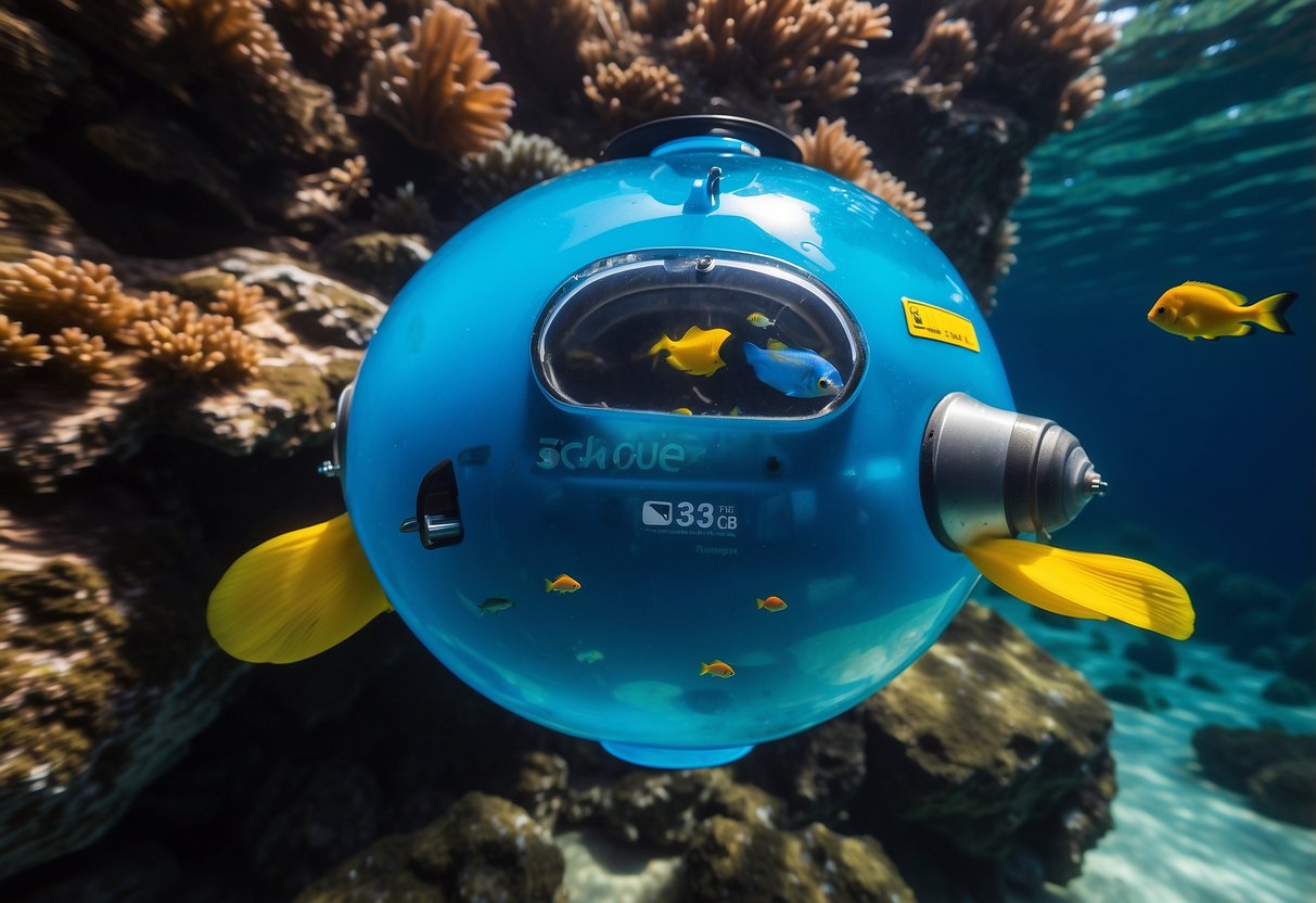 A bright blue Seac Sub Cordura Dry Bag floats on crystal clear water, surrounded by colorful coral and fish