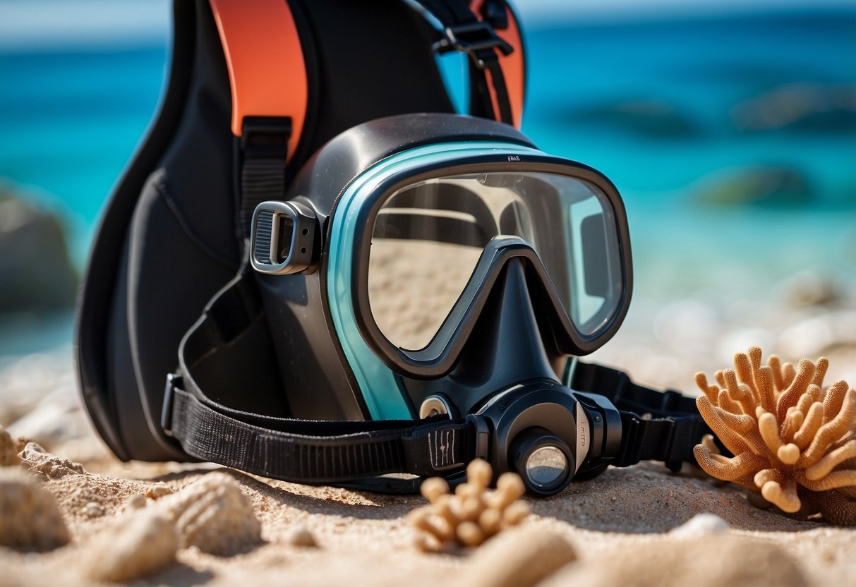 Aqua Lung Explorer 10 diving pack on a sandy beach with clear blue water and colorful coral reef in the background