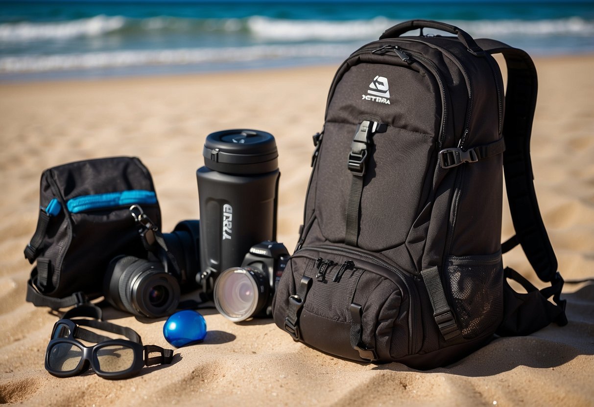 The Xterra Transition Backpack sits on a sandy beach next to a diving gear. The lightweight pack features multiple compartments and adjustable straps