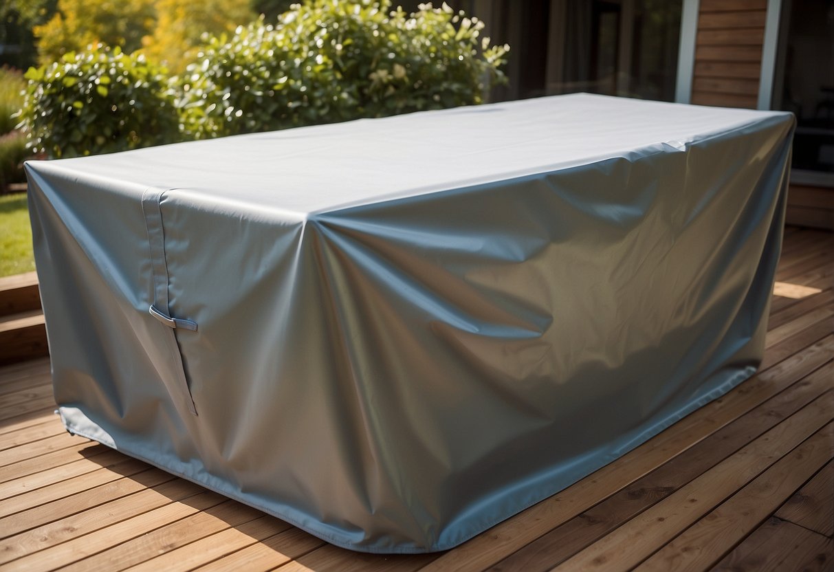A patio table and chairs are covered with a waterproof, UV-resistant outdoor furniture cover. The cover is snugly secured with adjustable straps, protecting the furniture from the elements