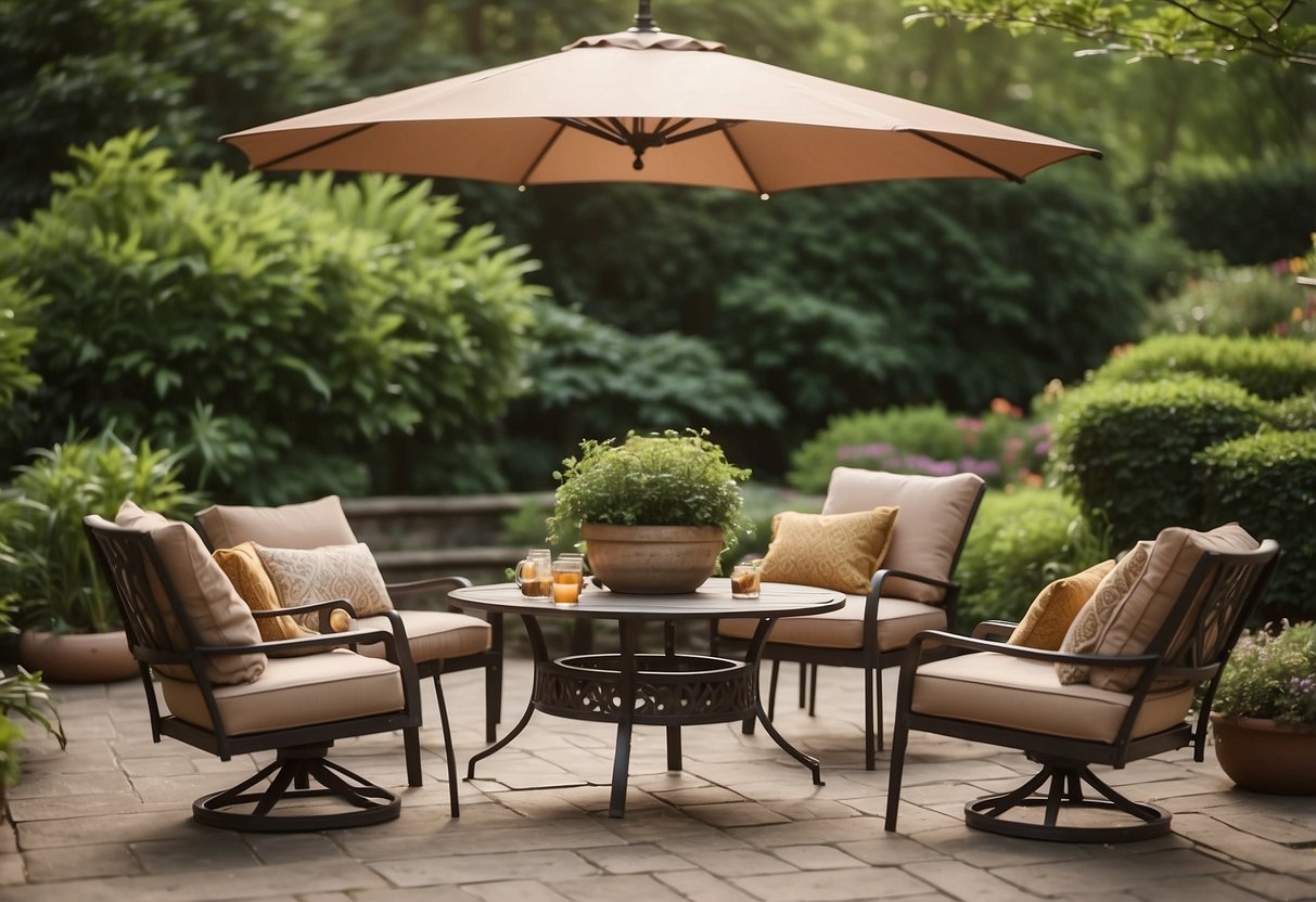 A patio set with a weatherproof cover in a lush garden setting