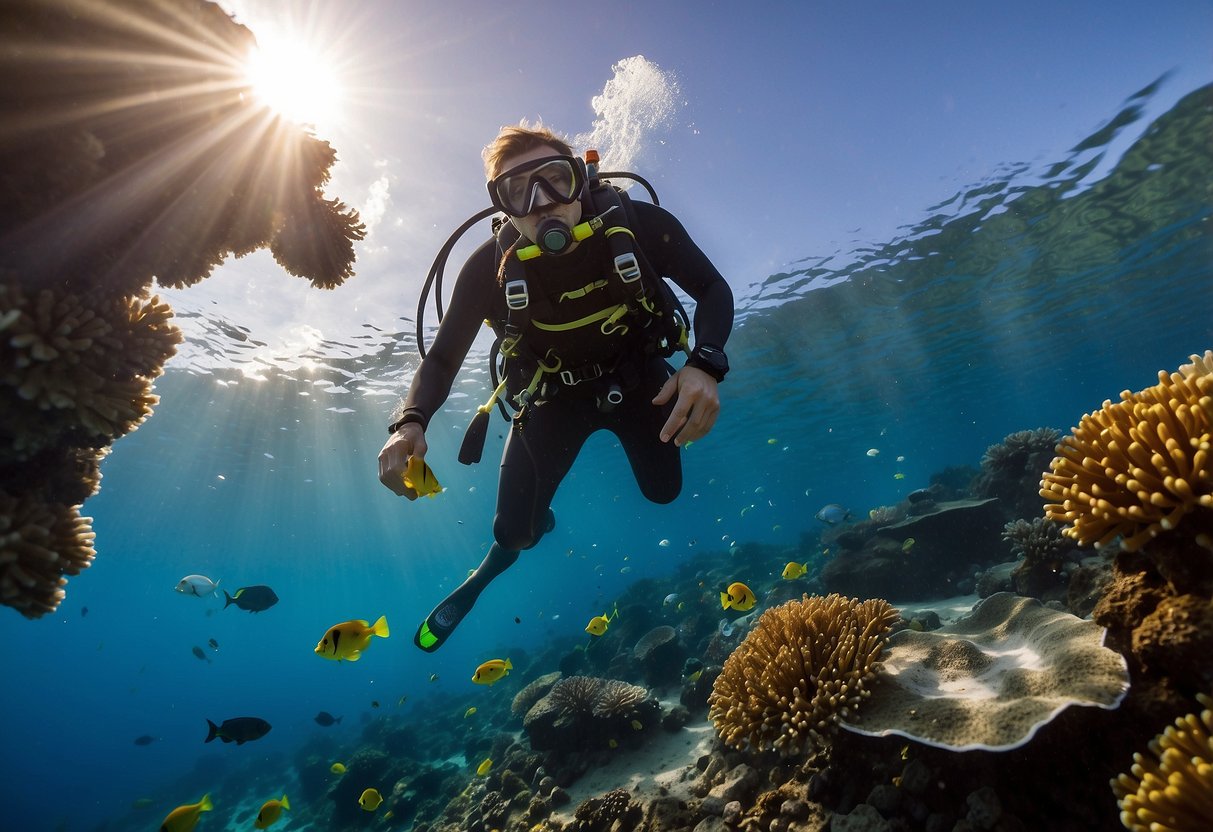 A diver wearing the Oceanic Jetpack 10 lightweight diving pack hovers above a vibrant coral reef, surrounded by colorful fish and clear blue water