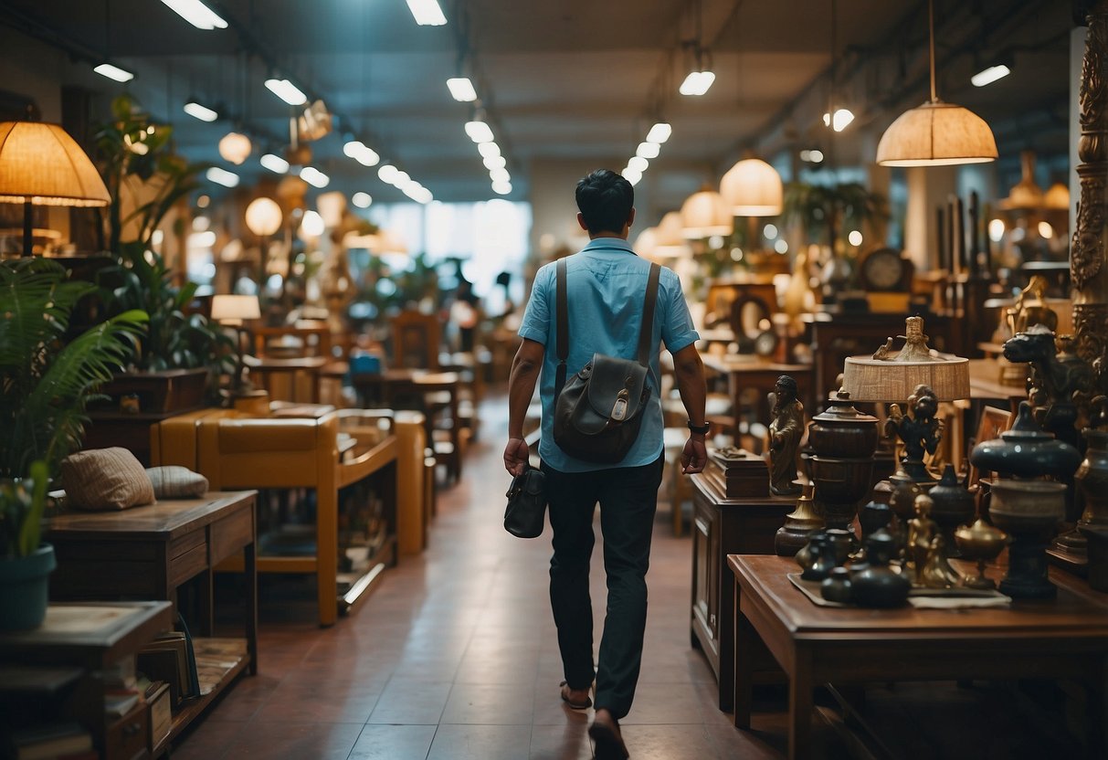 A person walks through a bustling second-hand furniture store in Singapore, surrounded by a variety of unique and eclectic pieces