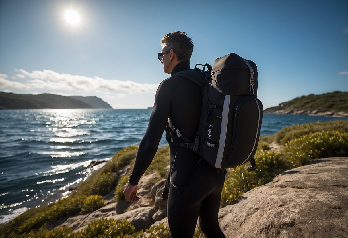 A diver effortlessly carries a lightweight diving pack, showcasing its ease of use and portability. The pack is compact yet spacious, featuring durable materials and ergonomic design