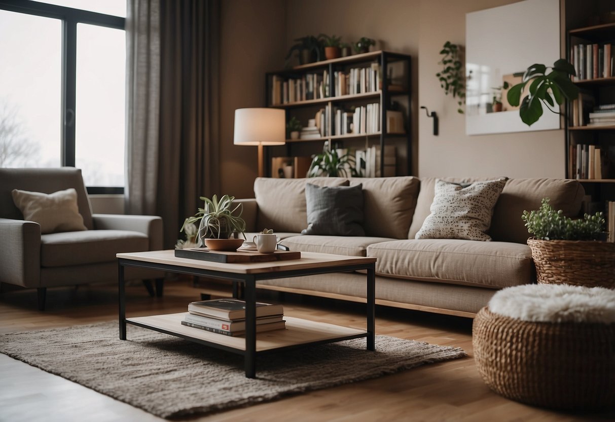 A sofa, coffee table, armchair, and bookshelf fill the cozy living room. A rug lies on the floor, and a lamp illuminates the space