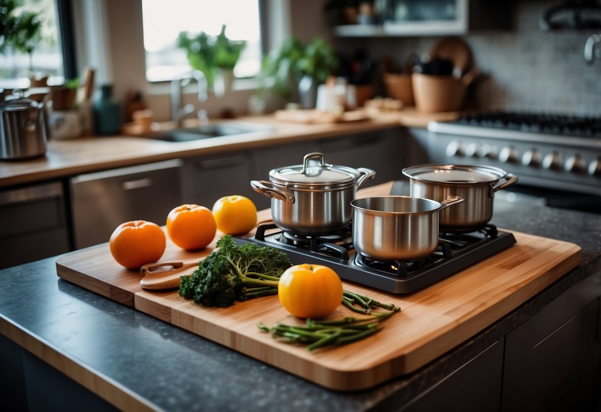 A boat kitchen with a compact stove, pots and pans secured, cutting board with fresh ingredients, spices neatly organized, and a cookbook open to a recipe