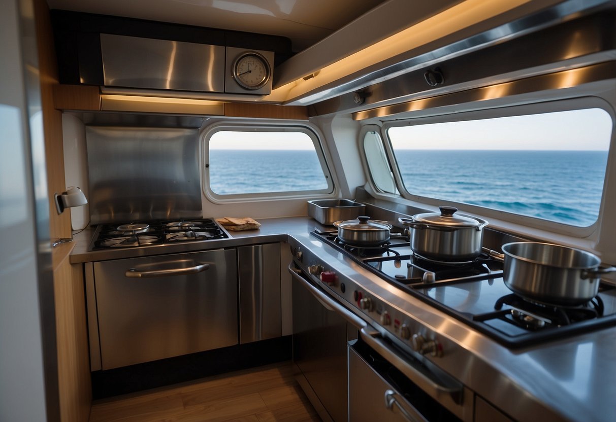 A boat kitchen with non-slip cookware, pots and pans secured in place, stove and utensils ready for use, ocean visible through a porthole