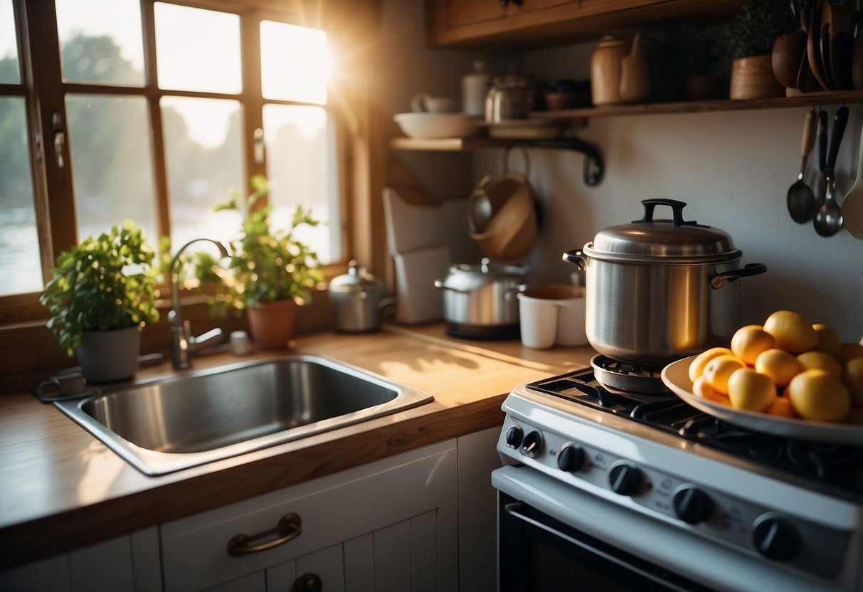 A cozy boat kitchen with ingredients, utensils, and a single pot on a stove. Waves gently rock the boat as sunlight streams through the window