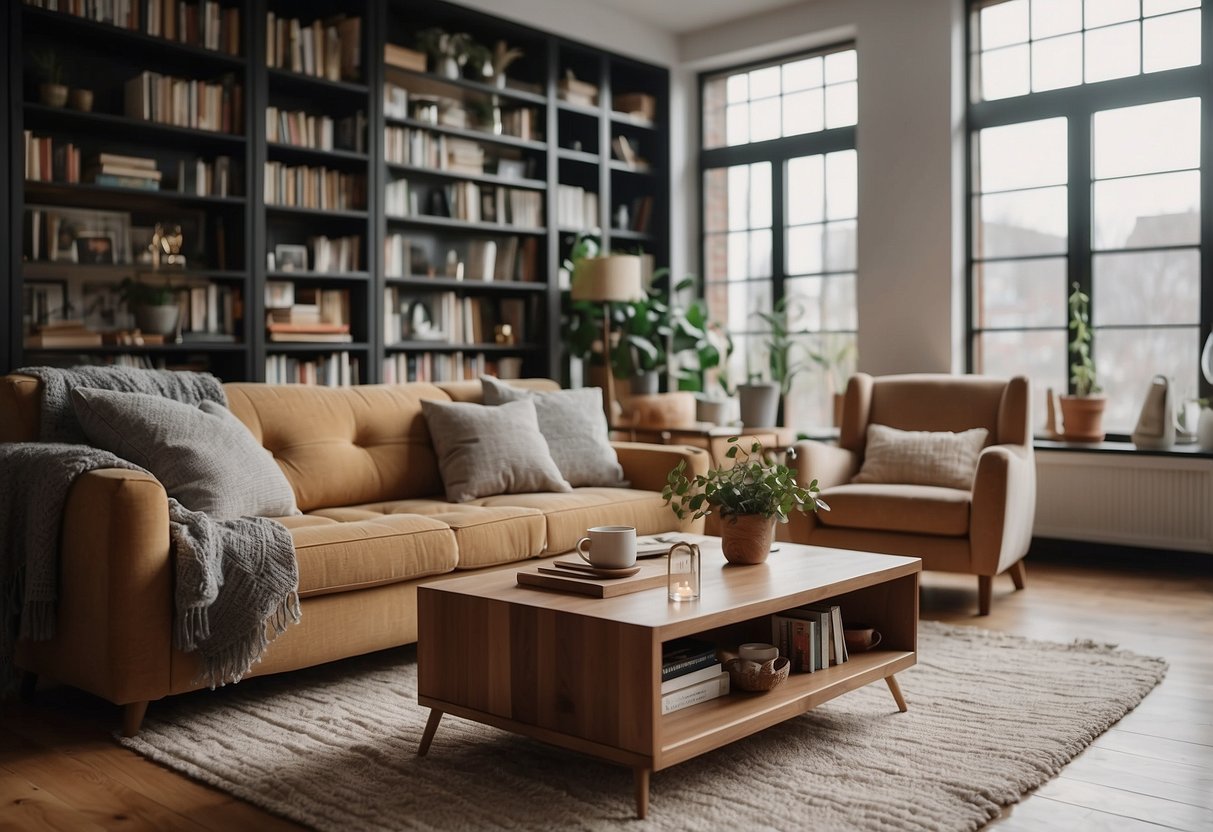 A cozy living room with a sofa, coffee table, armchair, and bookshelf. The room is well-lit with a large window and a soft rug on the floor