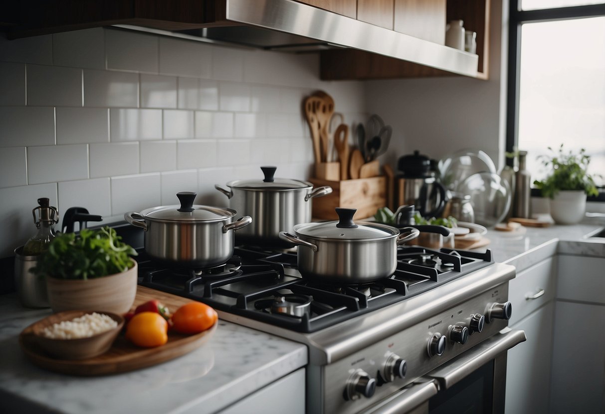 A boat kitchen with neatly organized ingredients, pots, and utensils. The stove is securely fastened, and the countertops are non-slip to prevent accidents