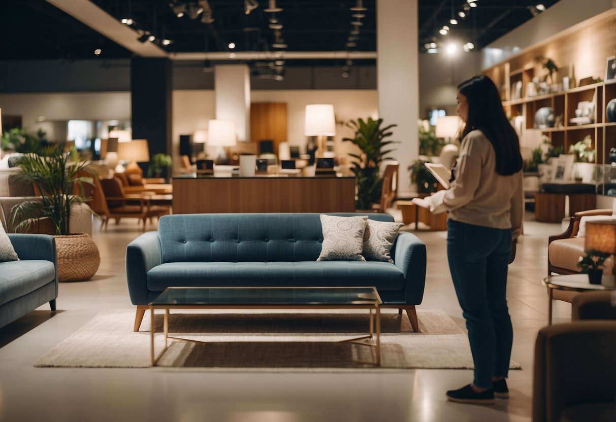 A customer browsing through a variety of furniture items in a well-lit showroom with a sign reading "Frequently Asked Questions" at a store in Singapore