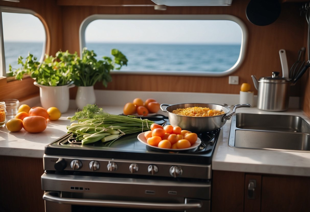 A boat kitchen with minimal ingredients and utensils. A small stove and a cutting board with fresh produce. A calm sea in the background