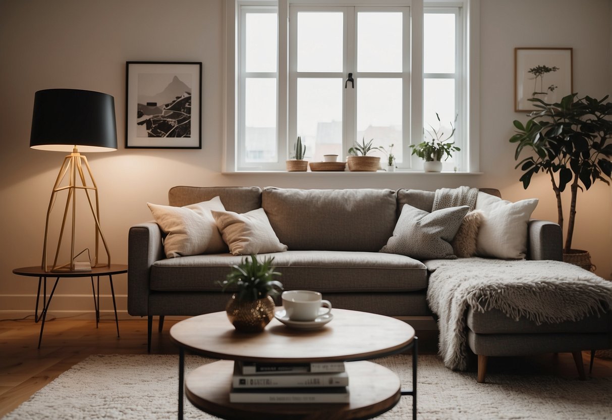 A cozy living room with a plush sofa, a sleek coffee table, and stylish throw pillows. A floor lamp and decorative vases add a touch of elegance