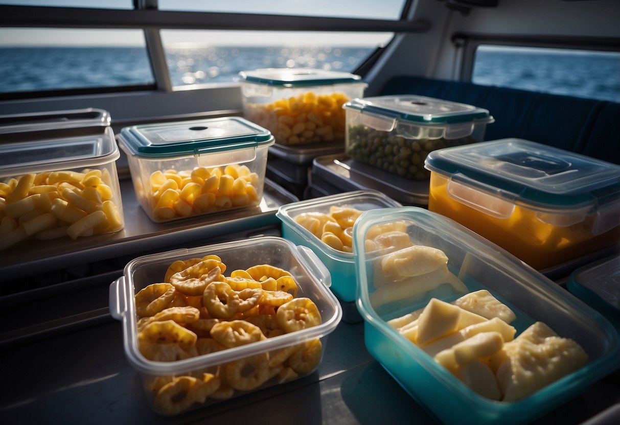 Various food items stored in airtight containers, vacuum-sealed bags, insulated coolers, and waterproof containers on a diving boat