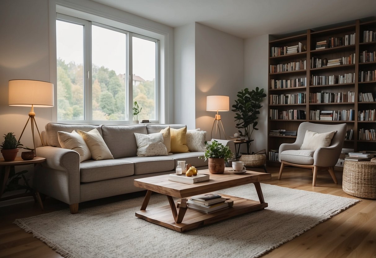 A cozy living room with a sofa, coffee table, armchair, and bookshelf. The room is well-lit with natural light coming in from a large window