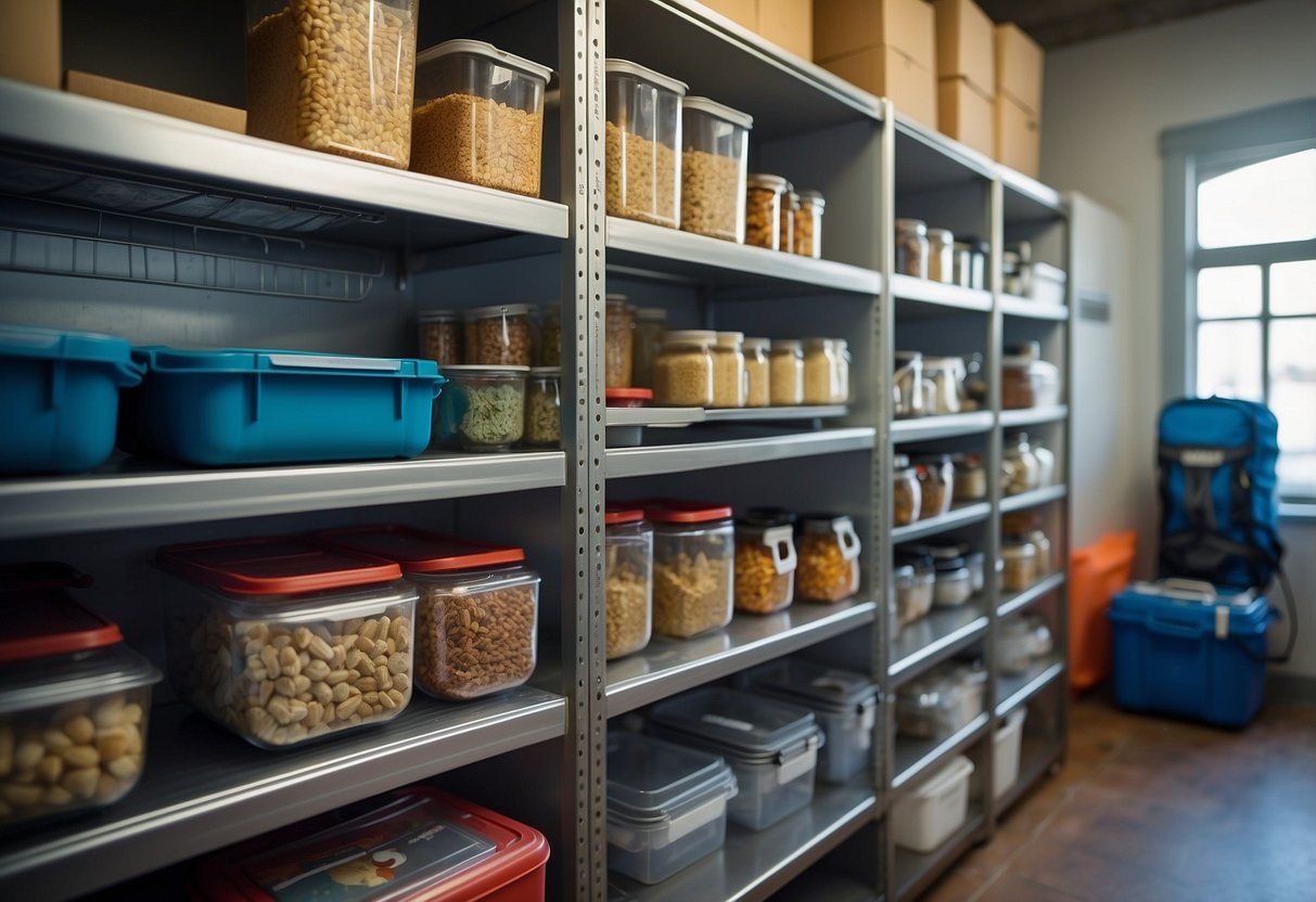 A shelf with neatly organized packages of freeze-dried meals, surrounded by diving gear and equipment. A waterproof storage container sits nearby, ready to keep food safe underwater