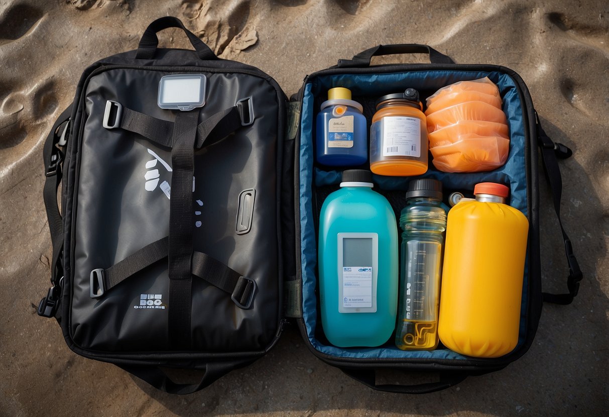 A diver's gear bag contains waterproof dry sacks with neatly stored food items for underwater adventures