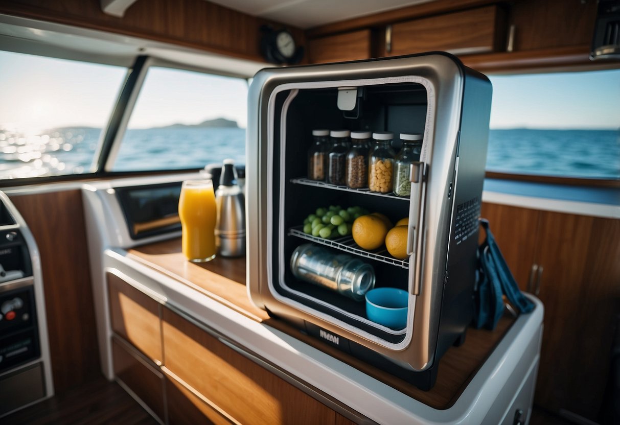 A portable mini fridge sits on a boat deck, surrounded by diving gear. Inside, neatly organized containers hold various food items, sealed to keep them fresh underwater